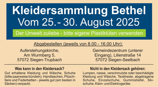 Kleidersammlung Bethel 25. - 30. August